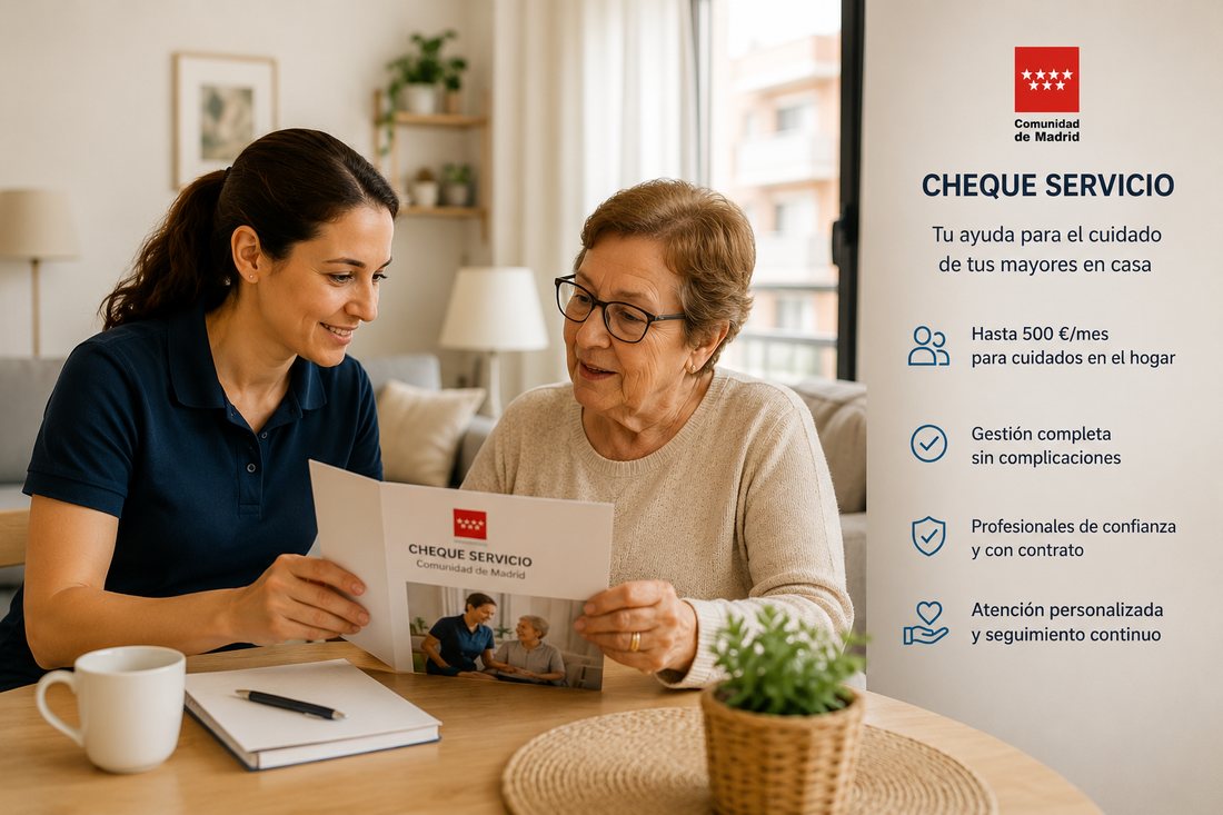 Cheque Servicio de la Comunidad de Madrid: ayuda para el cuidado de mayores en casa, gestionado por Ayuda Domicilio Madrid
