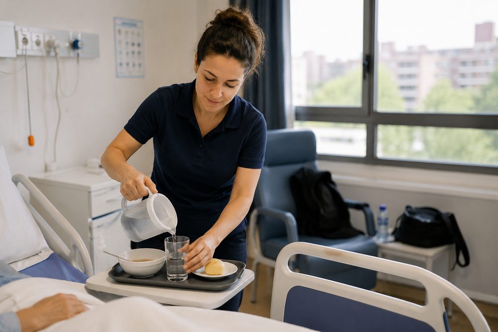 Cuidadora de Ayuda Domicilio Madrid ayudando con la comida a una persona ingresada en el hospital