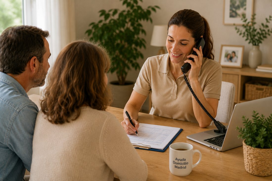 Profesional de Ayuda Domicilio Madrid atendiendo por teléfono a una familia para preparar su presupuesto